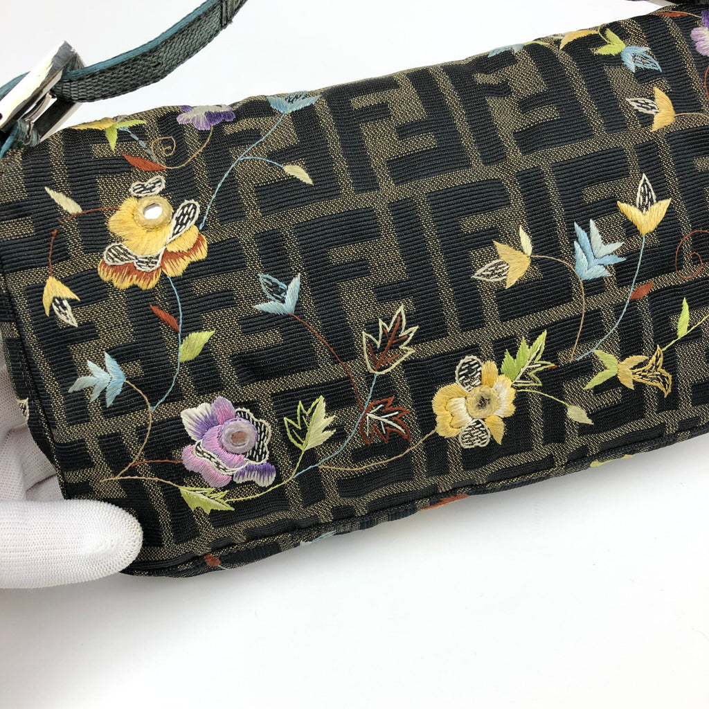 FENDI ZUCCA FLORAL EMBROIDERED BAGUETTE BAG WITH EXOTIC LIZARD DETAILING