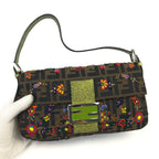 FENDI ZUCCA FLORAL BEADED BAGUETTE BAG WITH EXOTIC LIZARD DETAILING