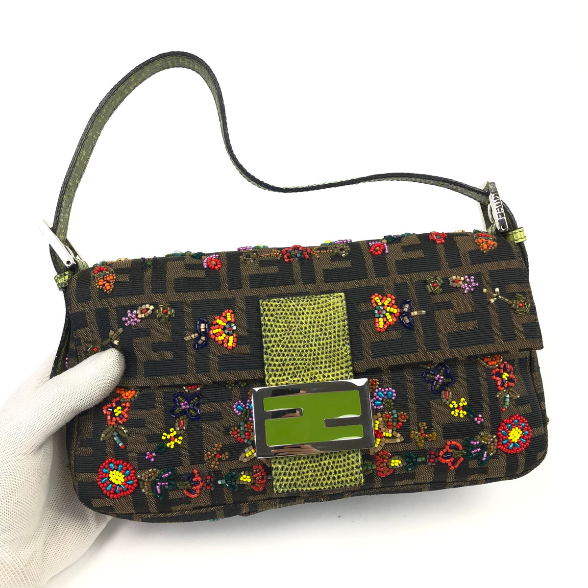 FENDI ZUCCA FLORAL BEADED BAGUETTE BAG WITH EXOTIC LIZARD DETAILING
