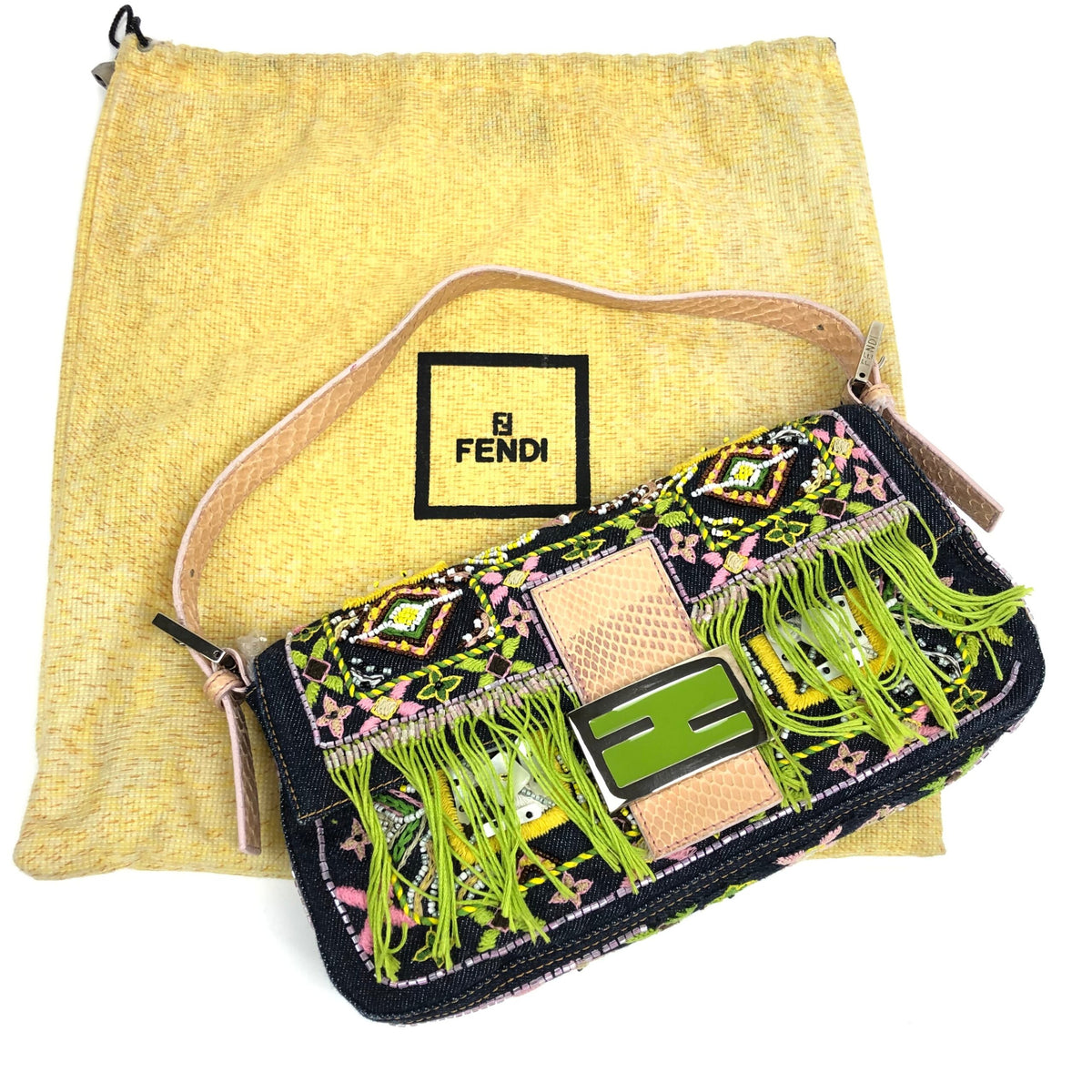 FENDI BEADED DENIM BAGUETTE WITH SNAKESKIN DETAILING