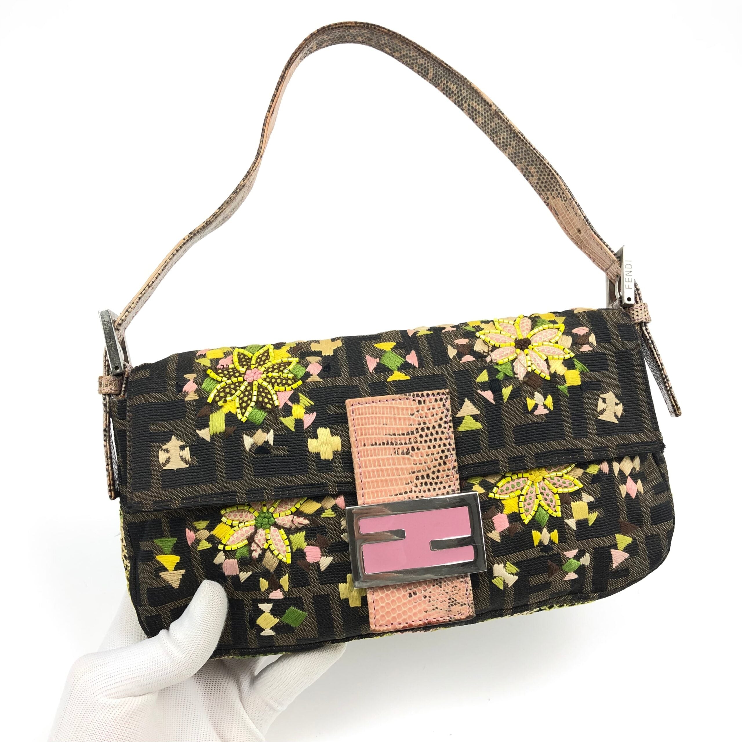 FENDI ZUCCA BEADED BAGUETTE BAG WITH EXOTIC LIZARD DETAILING