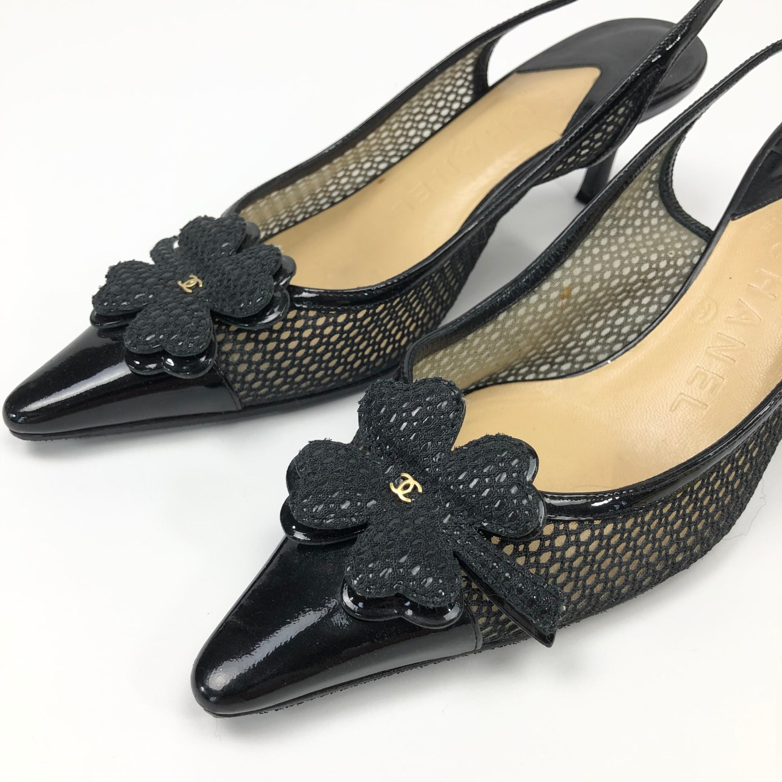 CHANEL LOGO SLING-BACK MULE HEELS