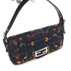 FENDI DENIM FLORAL BEADED BAGUETTE BAG