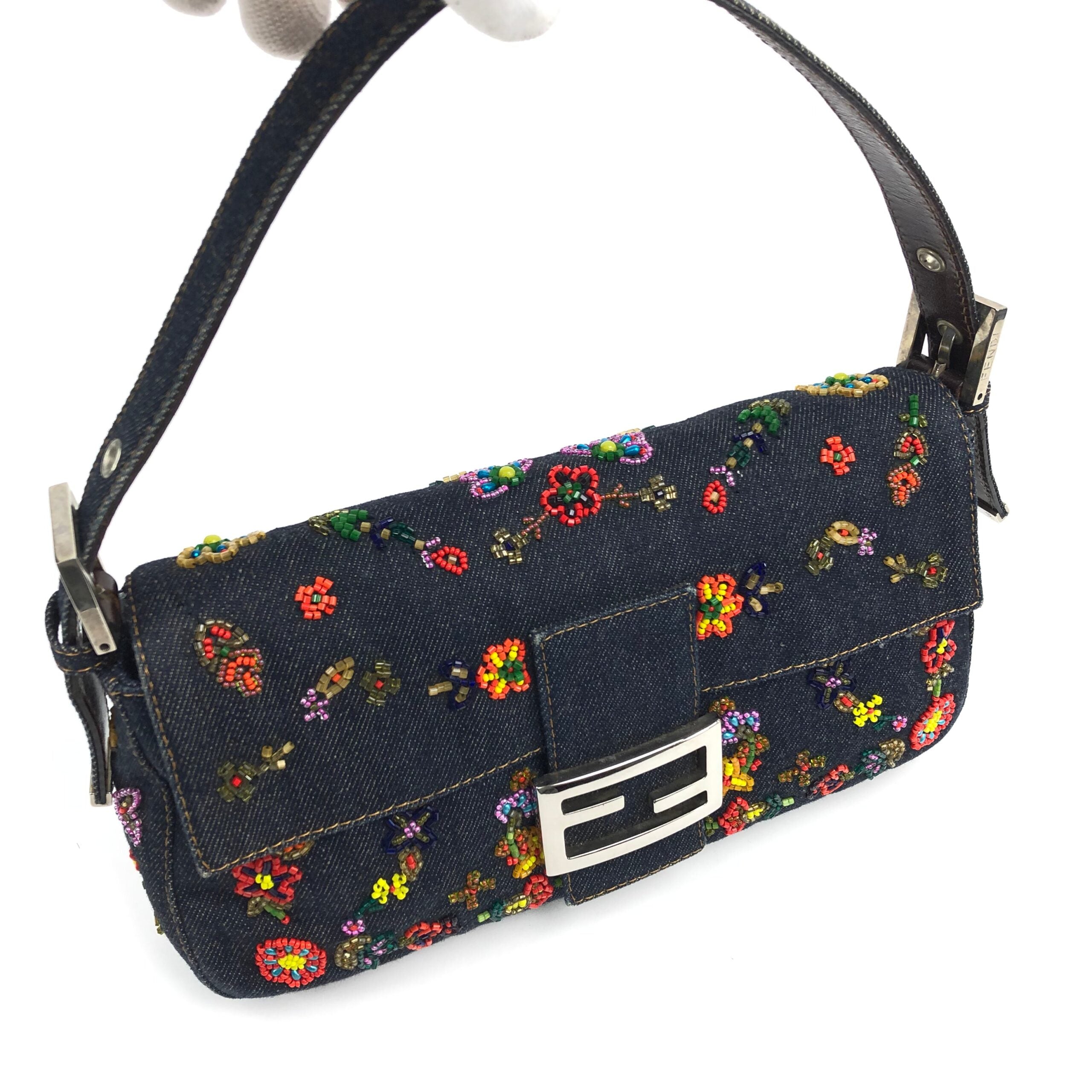 FENDI DENIM FLORAL BEADED BAGUETTE BAG