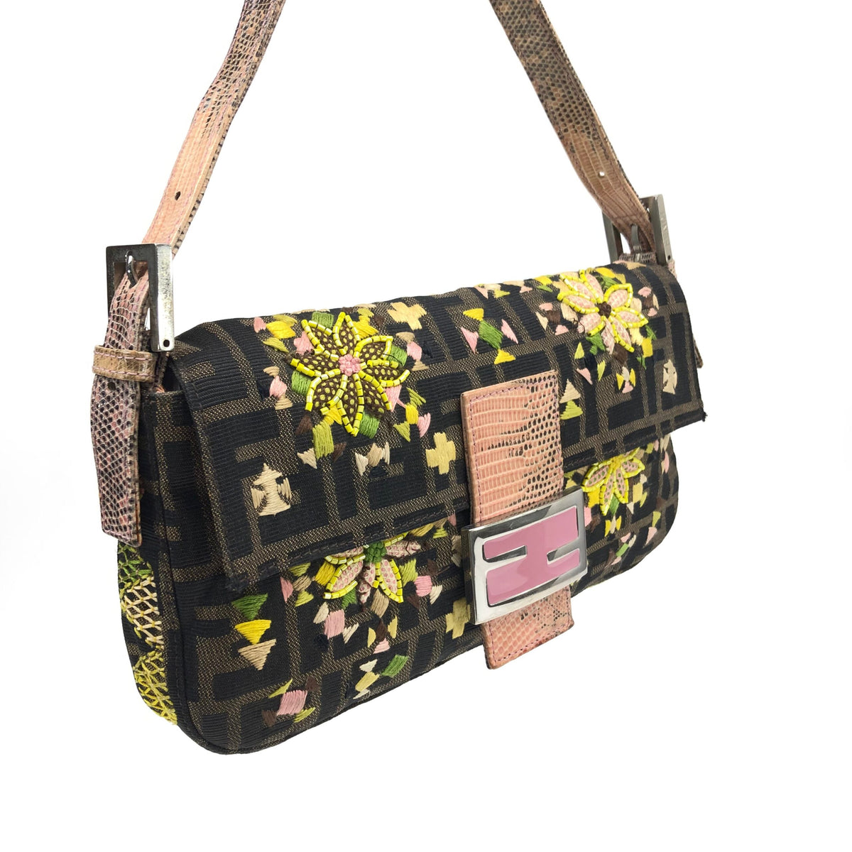 FENDI ZUCCA BEADED BAGUETTE BAG WITH EXOTIC LIZARD DETAILING