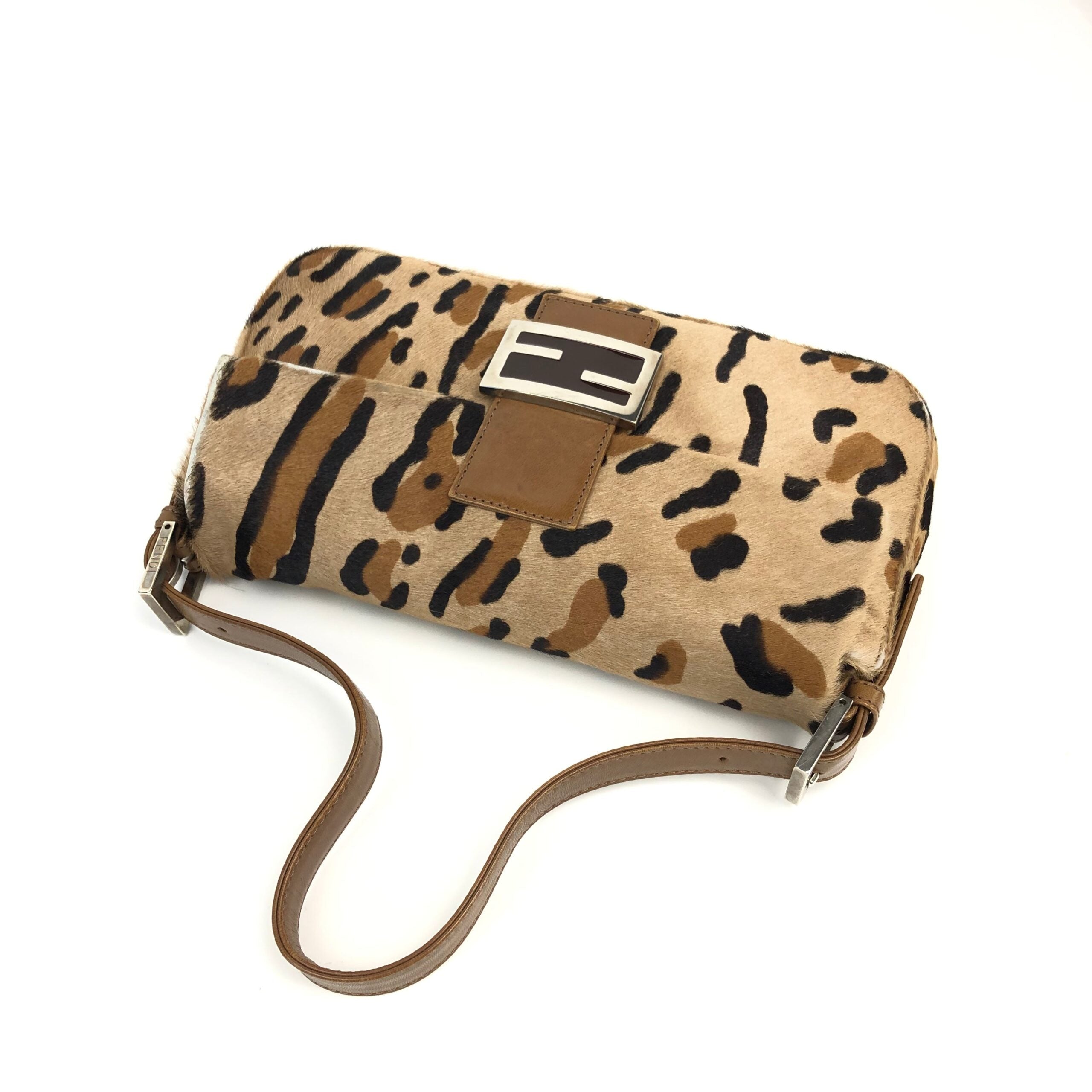FENDI LEOPARD CALF HAIR BAGUETTE SHOULDER BAG