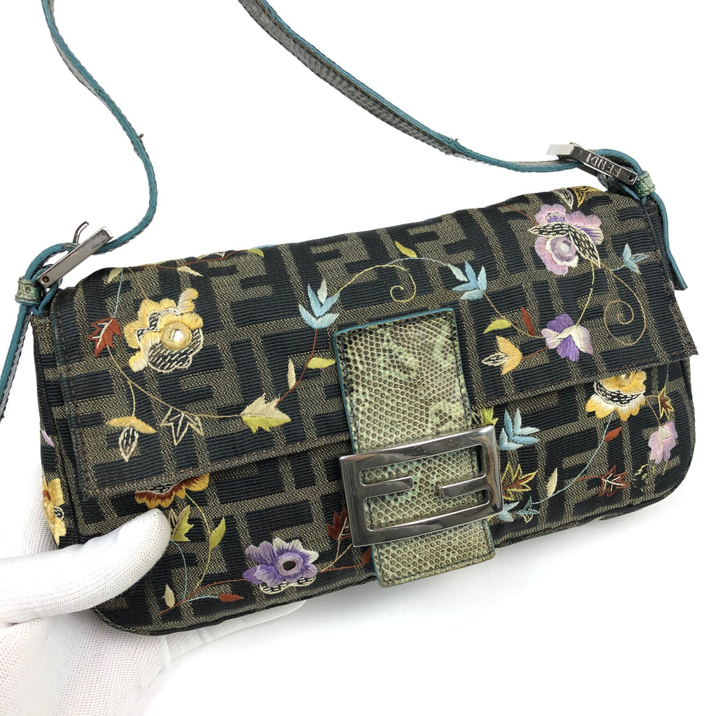FENDI ZUCCA FLORAL EMBROIDERED BAGUETTE BAG WITH EXOTIC LIZARD DETAILING
