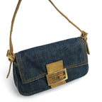 FENDI DENIM BAGUETTE BAG WITH EXOTIC LIZARD DETAILING