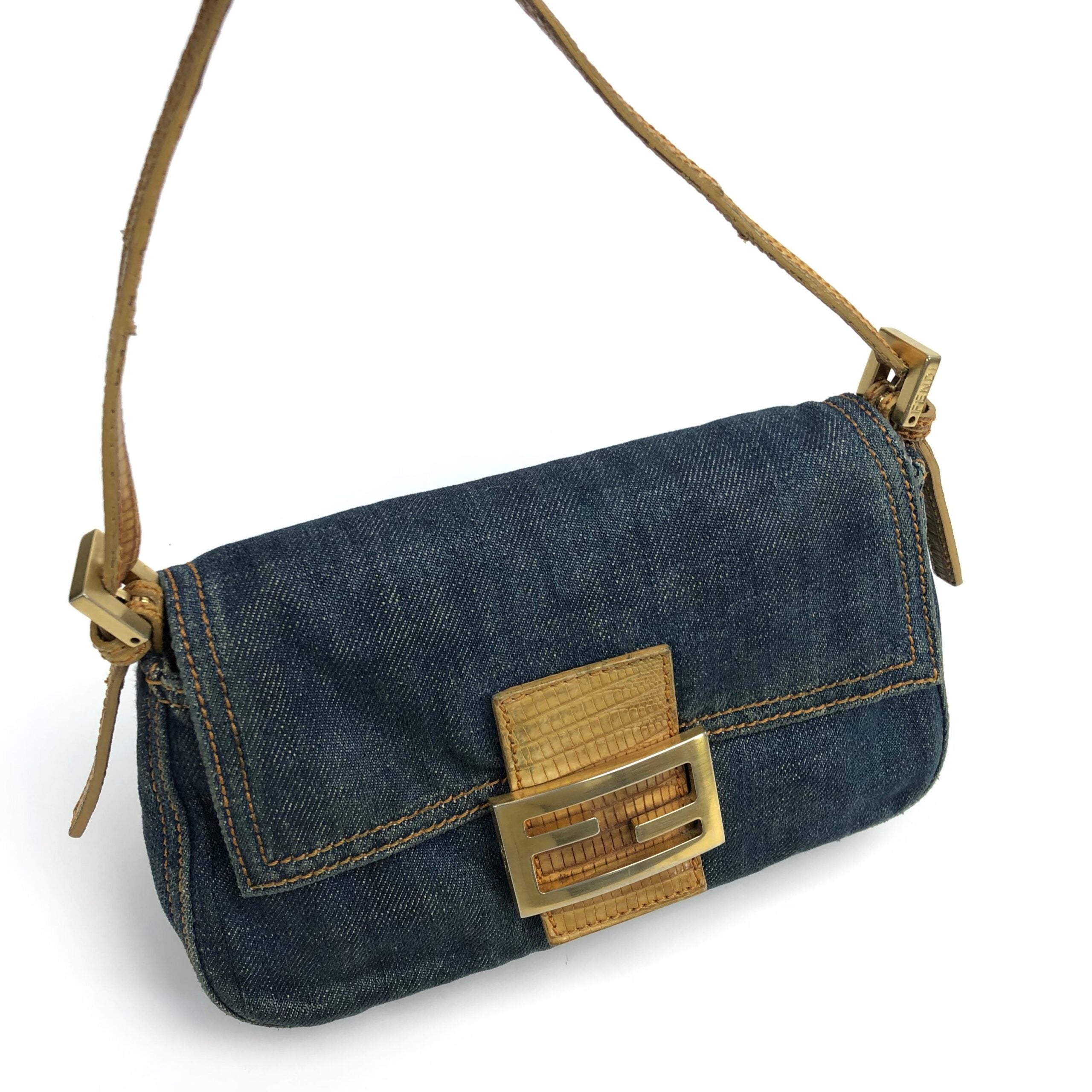 FENDI DENIM BAGUETTE BAG WITH EXOTIC LIZARD DETAILING