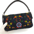 FENDI DENIM FLORAL BEADED BAGUETTE BAG