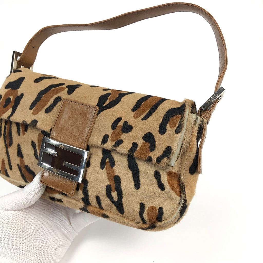 FENDI LEOPARD CALF HAIR BAGUETTE SHOULDER BAG
