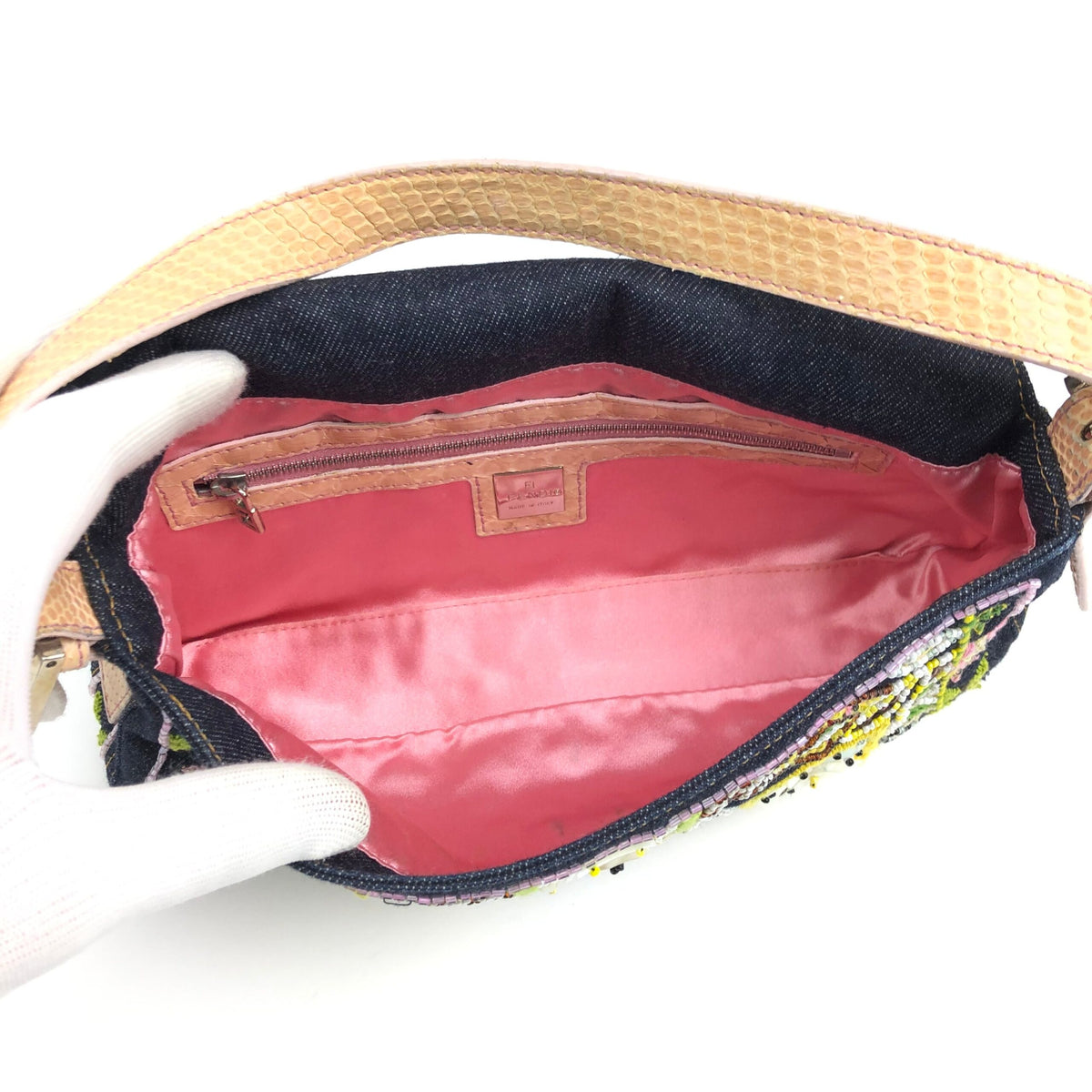 FENDI BEADED DENIM BAGUETTE WITH SNAKESKIN DETAILING