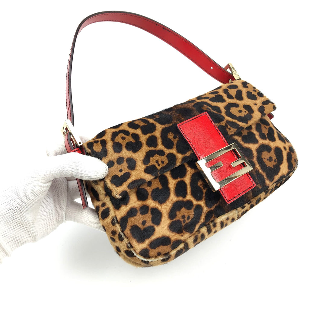 FENDI LEOPARD PONY HAIR BAGUETTE SHOULDER BAG