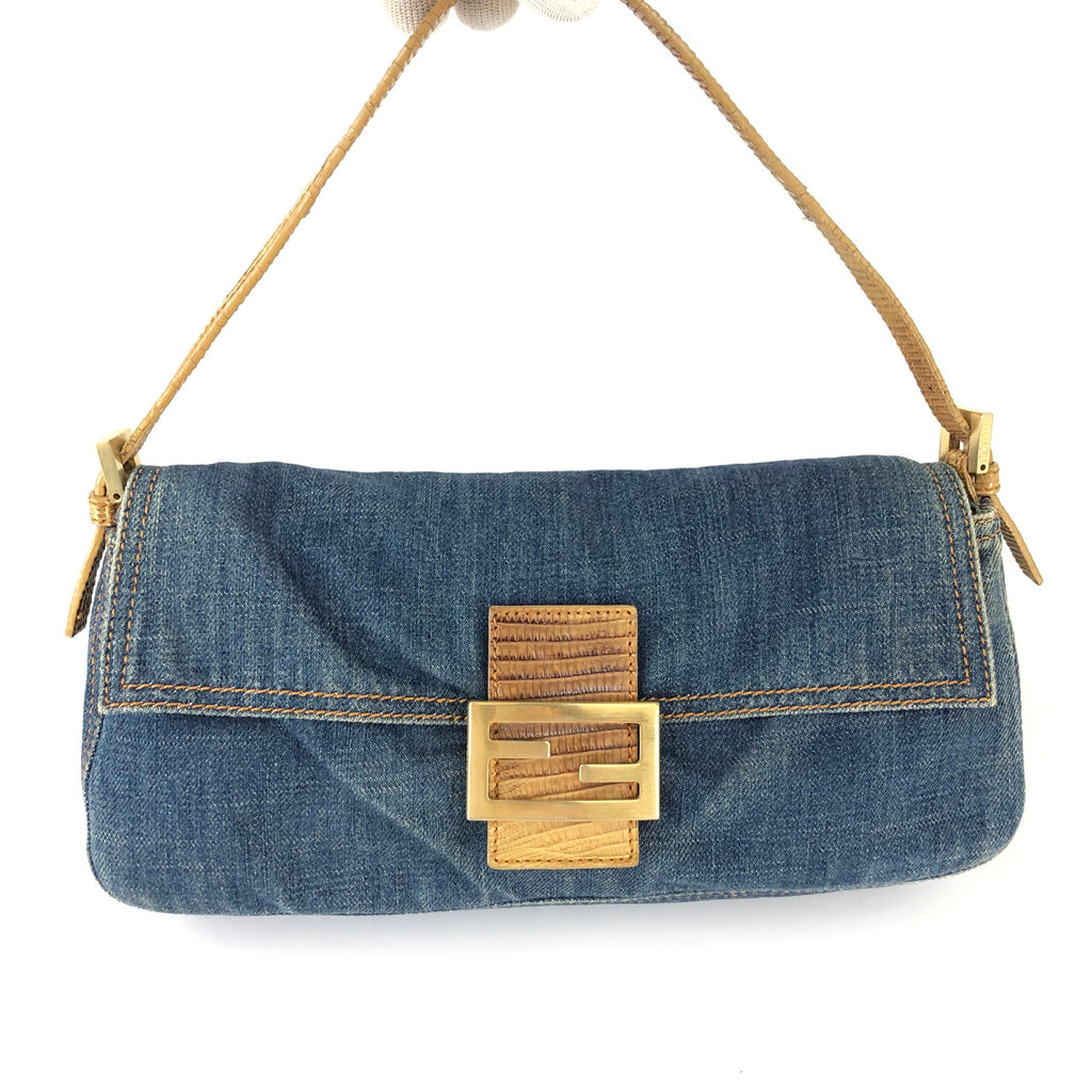 FENDI DENIM BAGUETTE BAG WITH LIZARD DETAILING