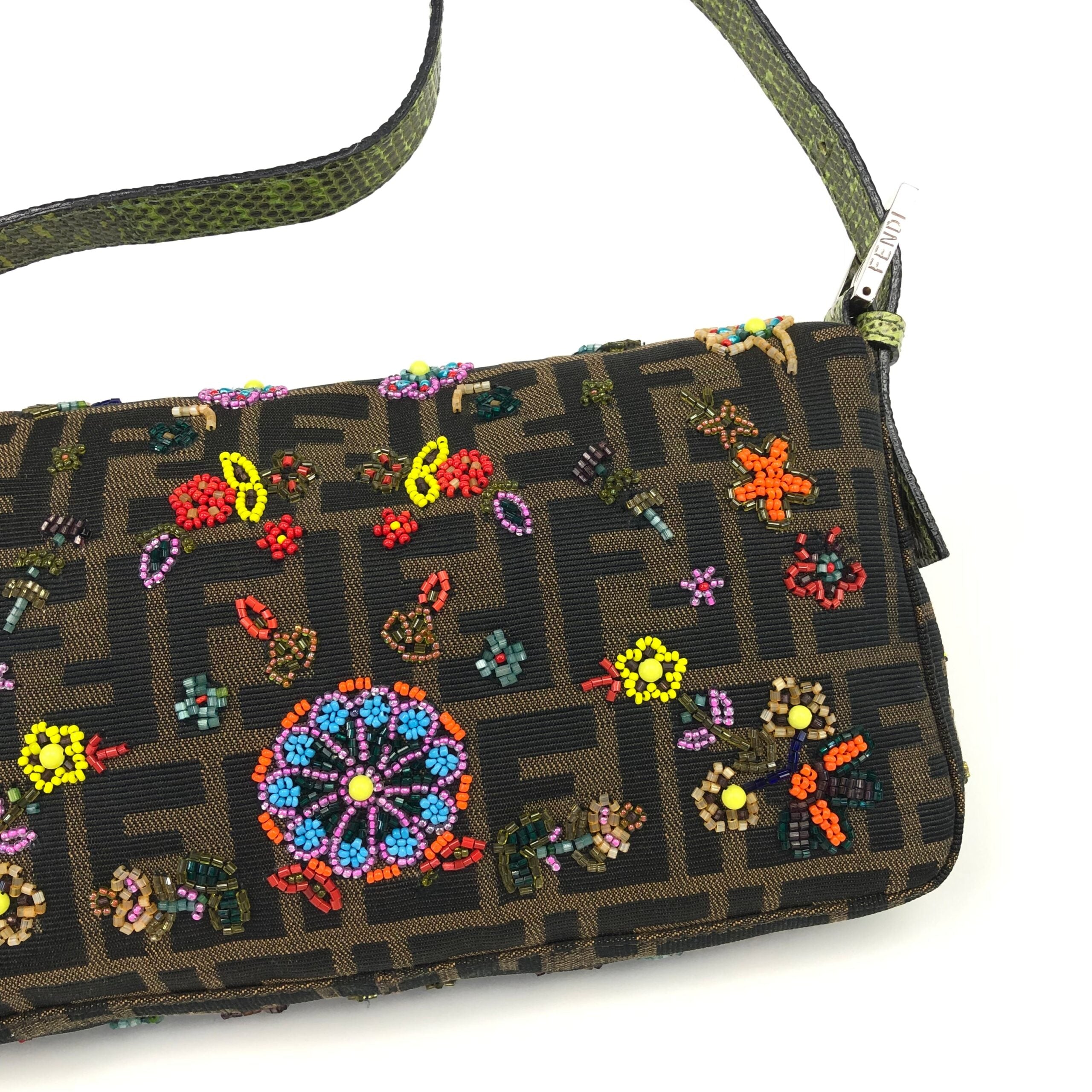 FENDI ZUCCA FLORAL BEADED BAGUETTE BAG WITH EXOTIC LIZARD DETAILING