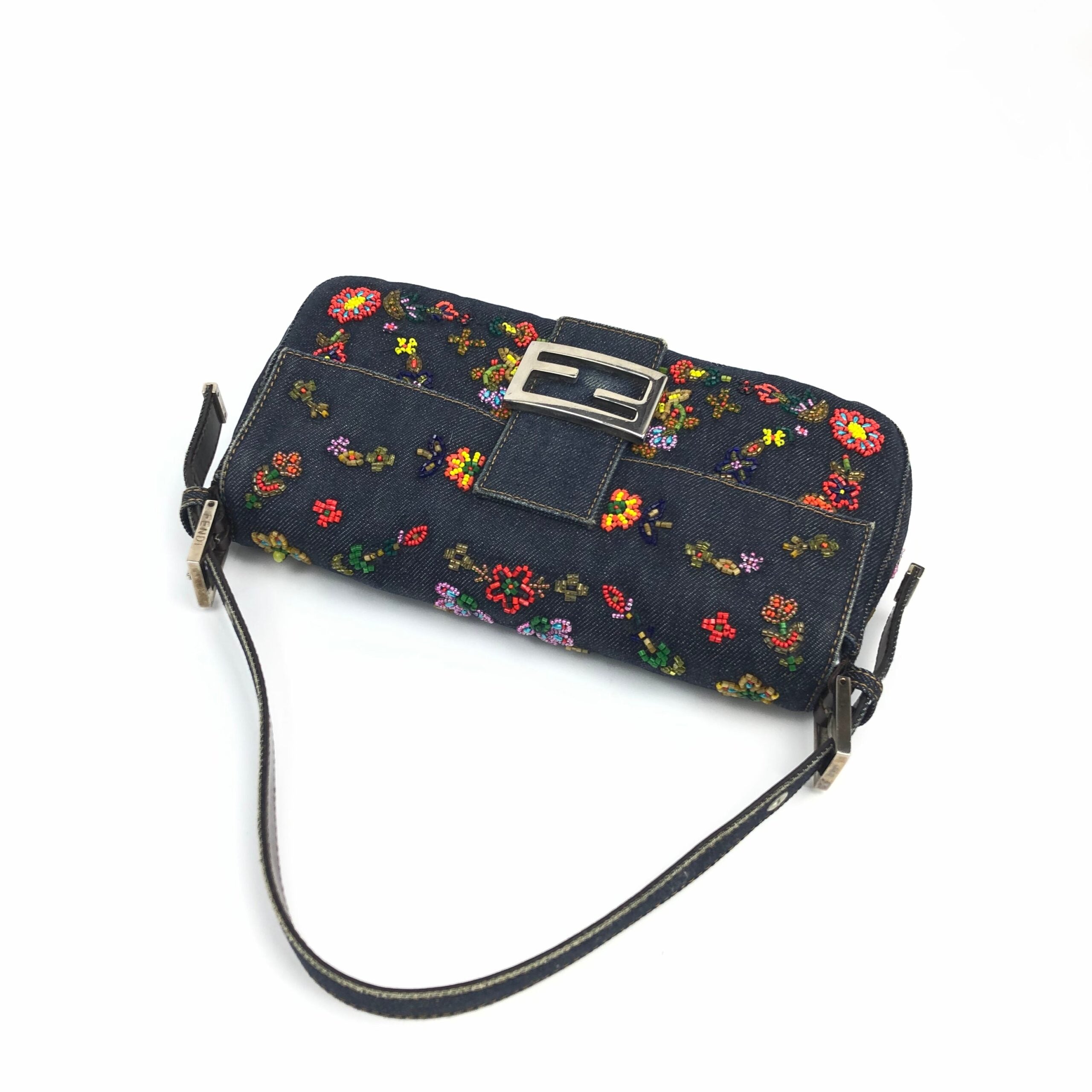 FENDI DENIM BEADED BAGUETTE BAG