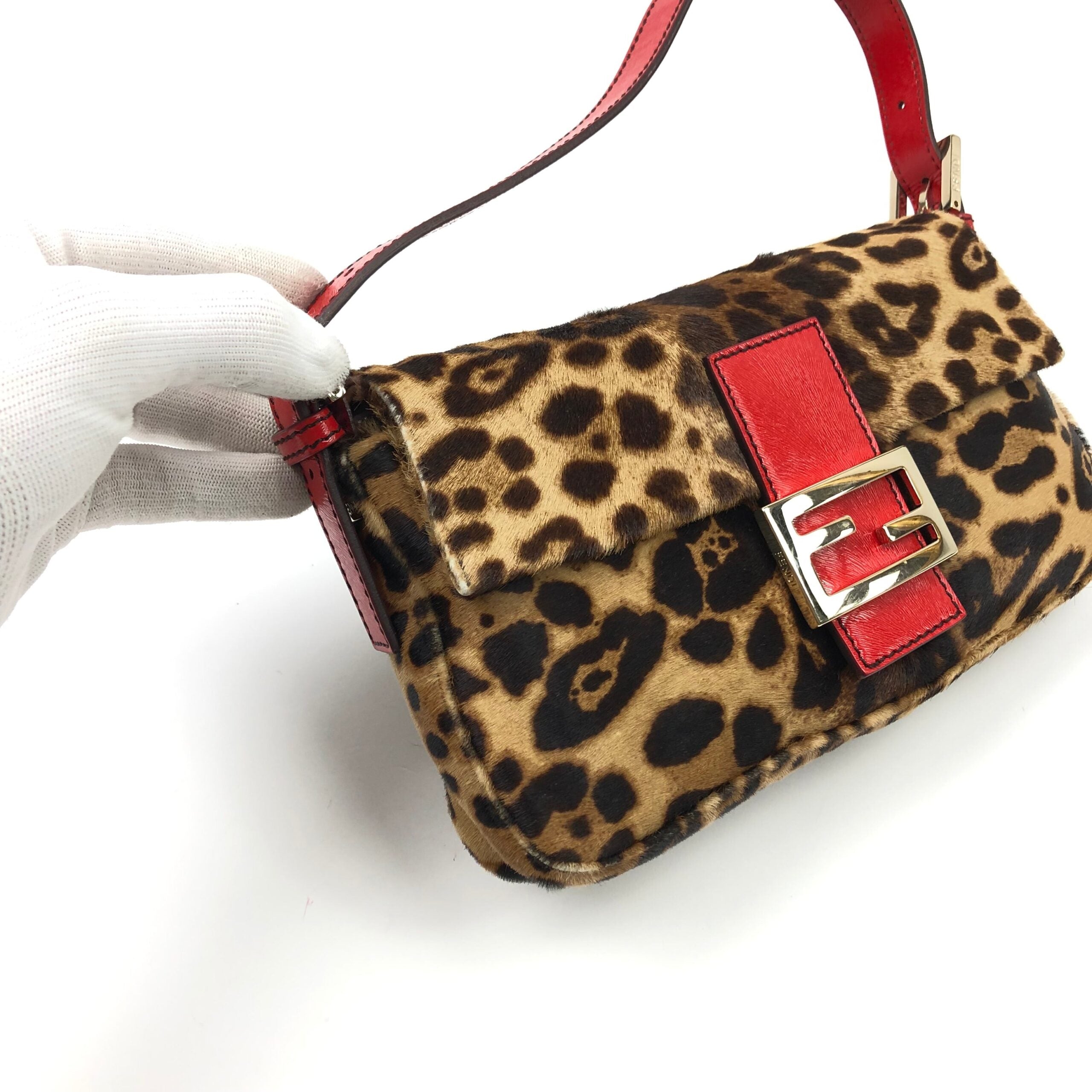FENDI LEOPARD PONY HAIR BAGUETTE SHOULDER BAG