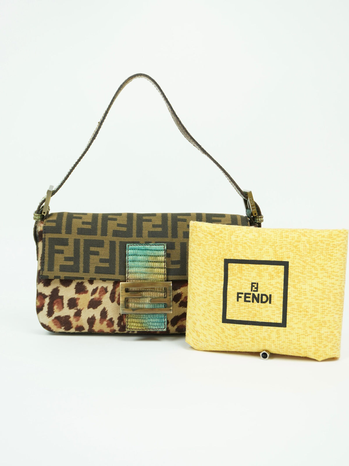 FENDI LEOPARD CALF HAIR ZUCCA BAGUETTE WITH EXOTIC LIZARD DETAILING