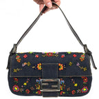 FENDI DENIM FLORAL BEADED BAGUETTE BAG