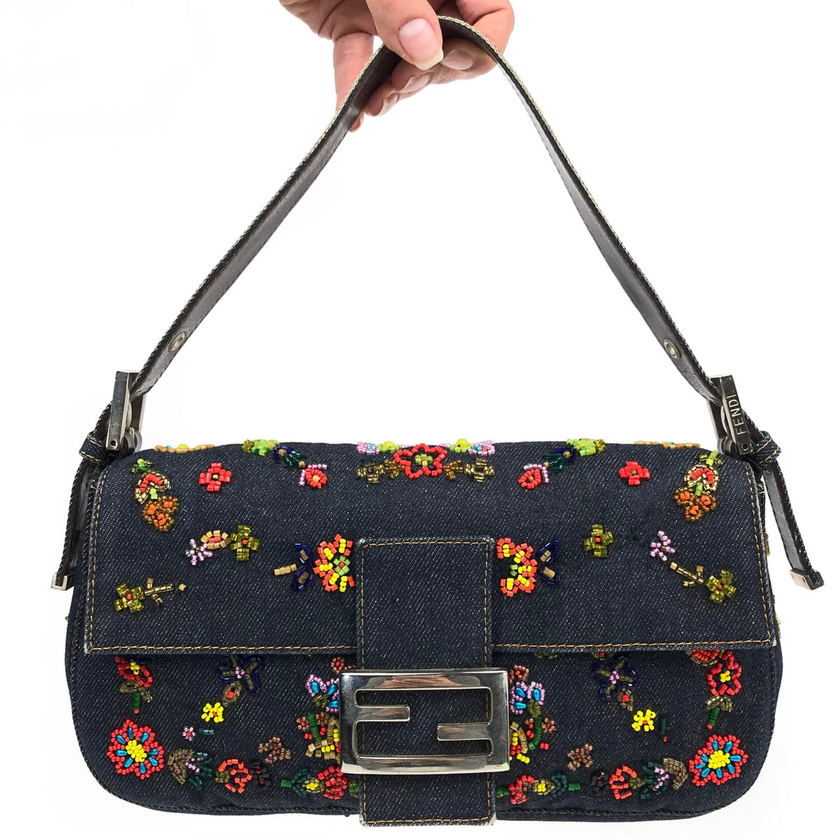 FENDI DENIM FLORAL BEADED BAGUETTE BAG