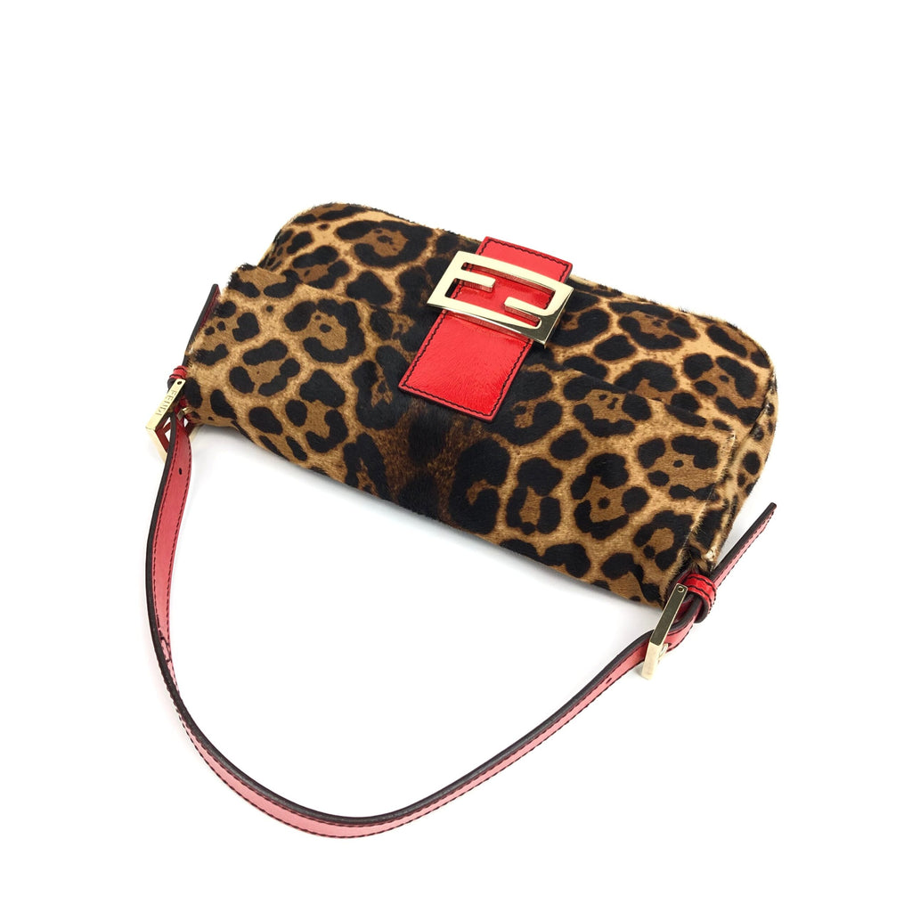 FENDI LEOPARD PONY HAIR BAGUETTE SHOULDER BAG
