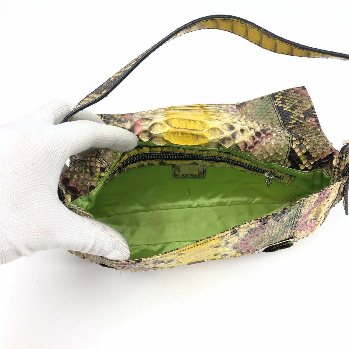 FENDI MULTI COLOUR PYTHON SNAKESKIN BAGUETTE SHOULDER BAG WITH METAL/MIRROR DETAILING