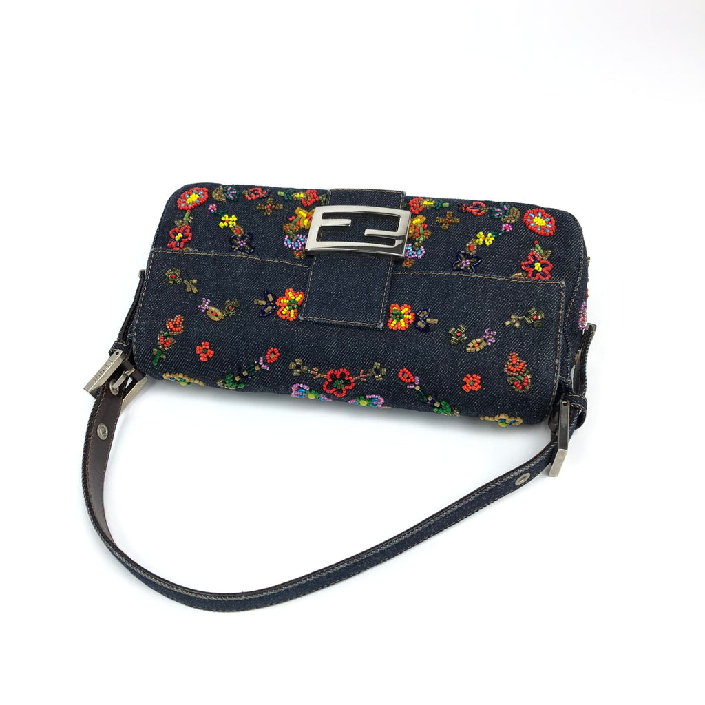 FENDI DENIM FLORAL BEADED BAGUETTE BAG