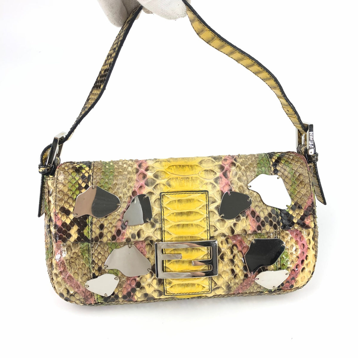 FENDI MULTI COLOUR PYTHON SNAKESKIN BAGUETTE SHOULDER BAG WITH METAL/MIRROR DETAILING
