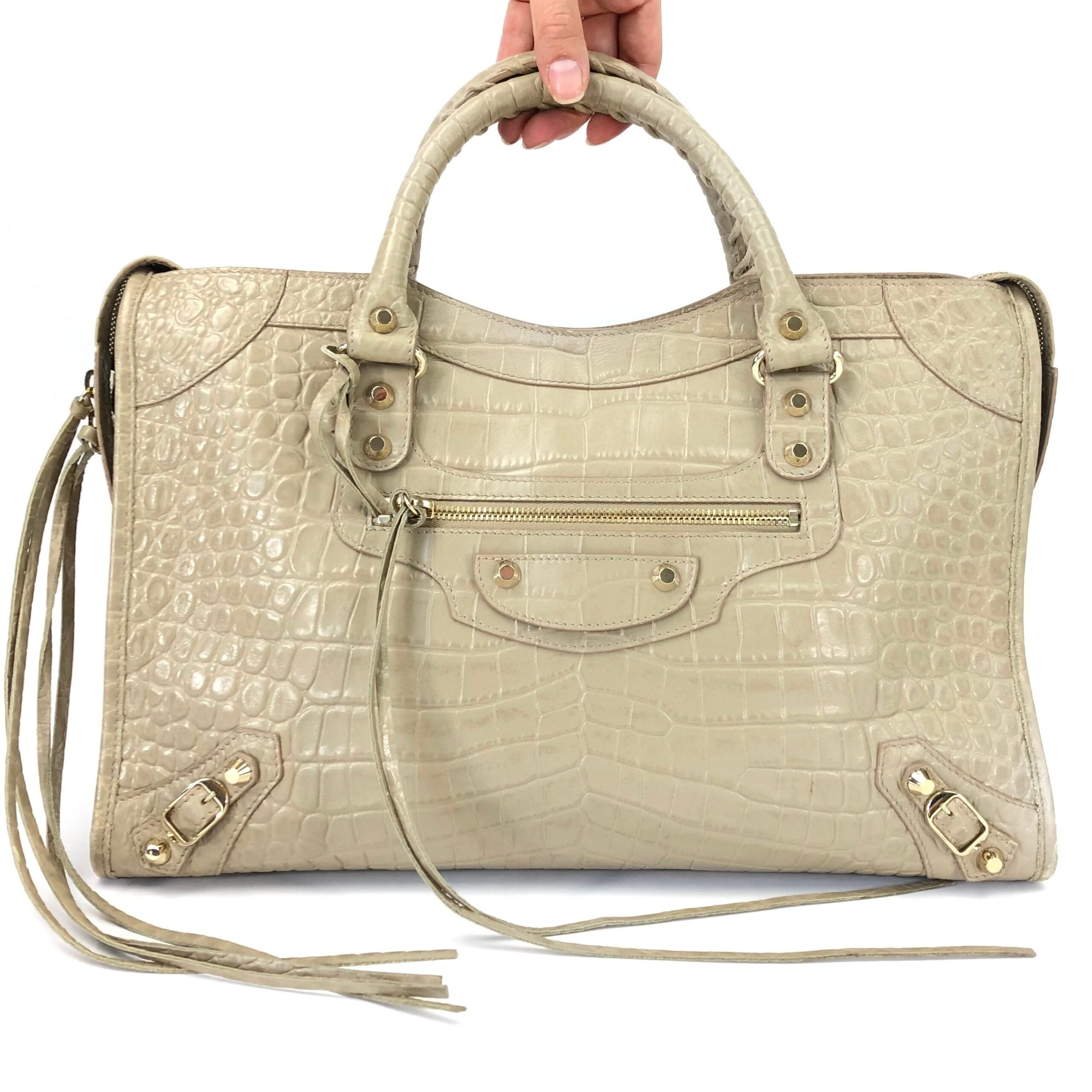 BALENCIAGA CROCODILE EMBOSSED LEATHER CITY BAG