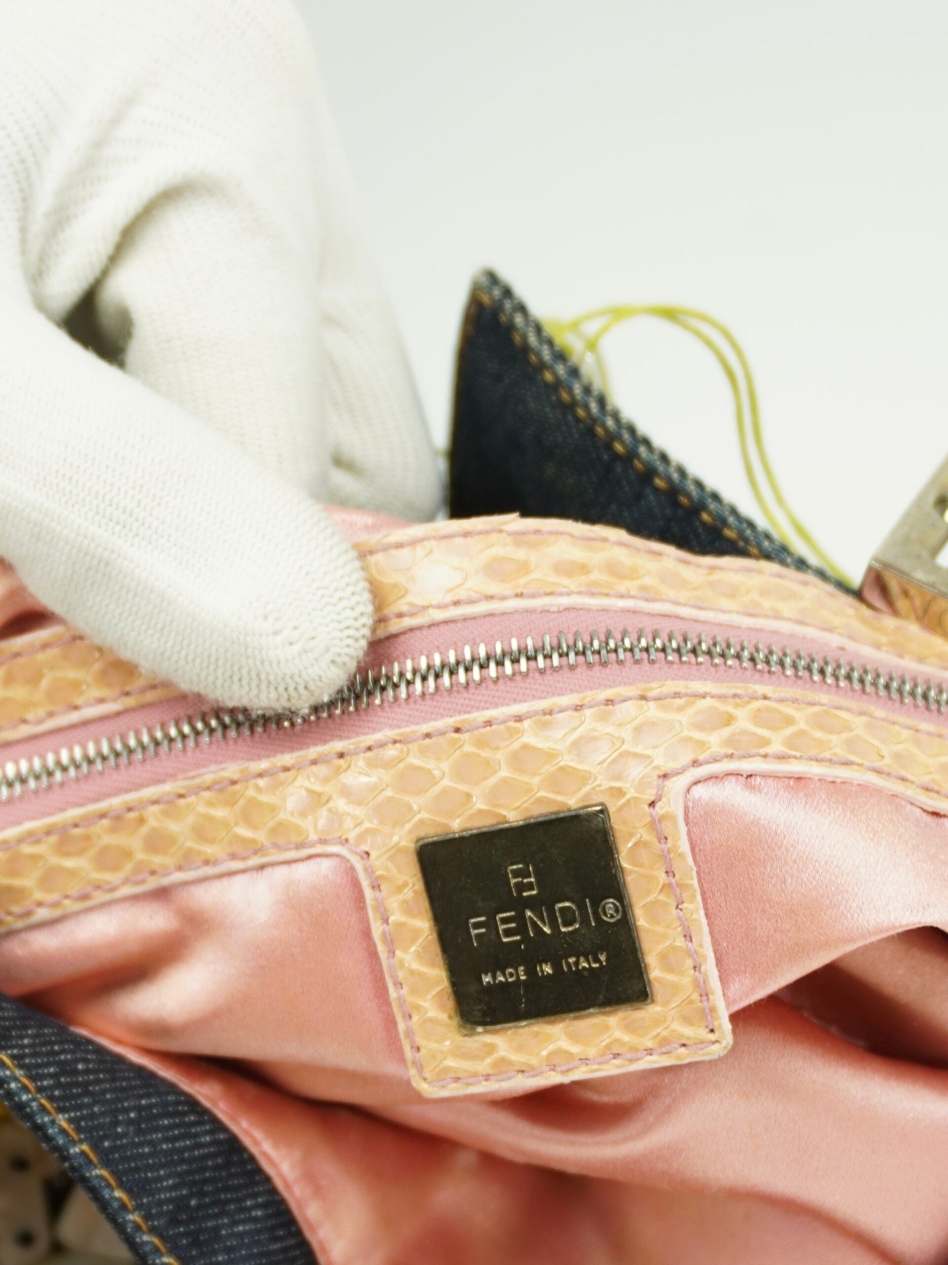 FENDI DENIM BEADED BAGUETTE WITH LIZARD TRIM