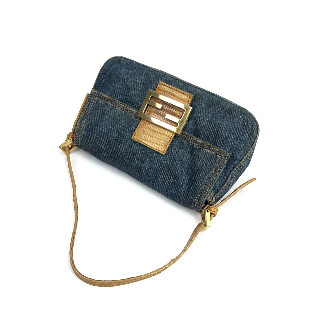 FENDI DENIM BAGUETTE BAG WITH EXOTIC LIZARD DETAILING