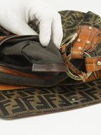 FENDI ZUCCA SHOULDER BAG WITH CROCODILE EMBOSSED TRIM