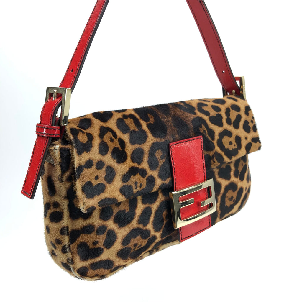 FENDI LEOPARD PONY HAIR BAGUETTE SHOULDER BAG