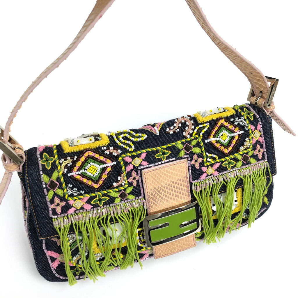 FENDI BEADED DENIM BAGUETTE WITH SNAKESKIN DETAILING