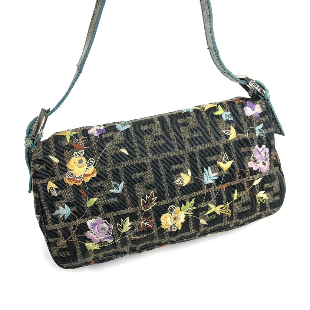 FENDI ZUCCA FLORAL EMBROIDERED BAGUETTE BAG WITH EXOTIC LIZARD DETAILING