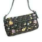 FENDI ZUCCA FLORAL EMBROIDERED BAGUETTE BAG WITH EXOTIC LIZARD DETAILING