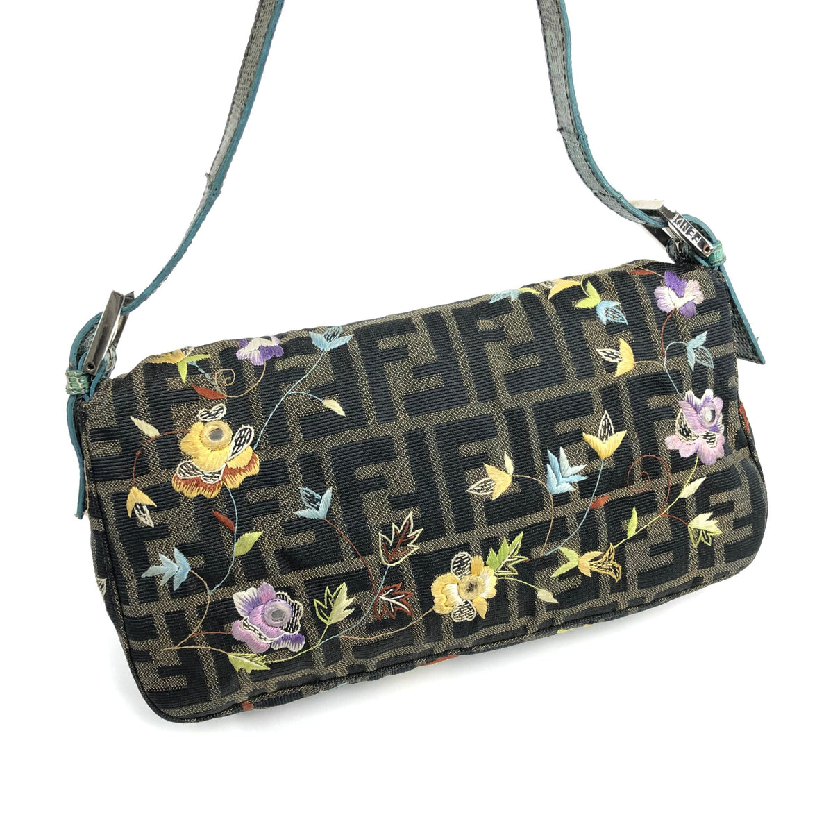 FENDI ZUCCA FLORAL EMBROIDERED BAGUETTE BAG WITH EXOTIC LIZARD DETAILING