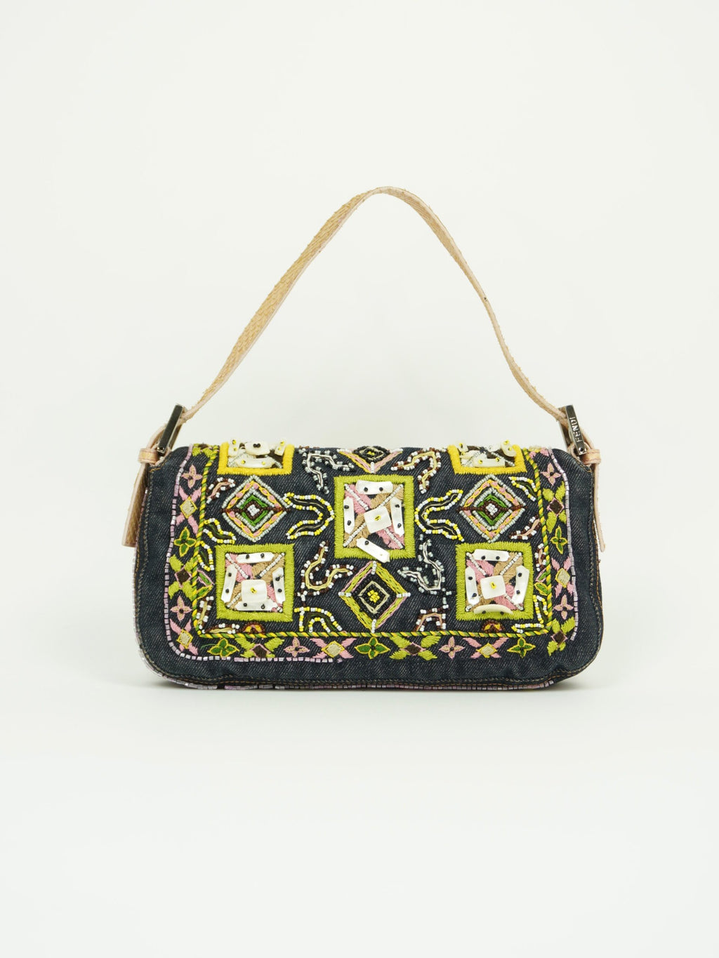 FENDI DENIM BEADED BAGUETTE WITH LIZARD TRIM
