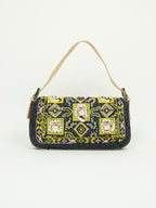 FENDI DENIM BEADED BAGUETTE WITH LIZARD TRIM