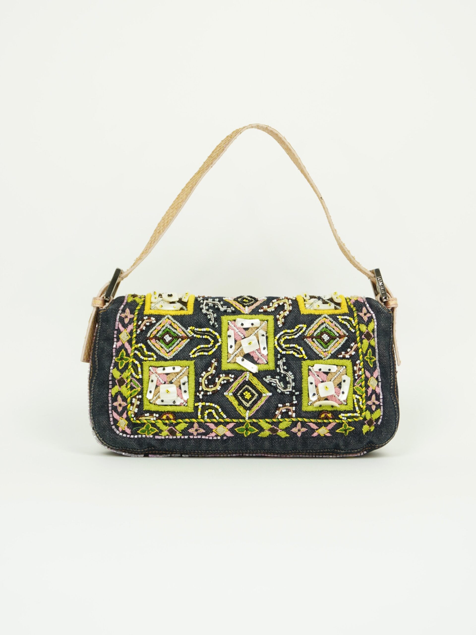 FENDI DENIM BEADED BAGUETTE WITH LIZARD TRIM