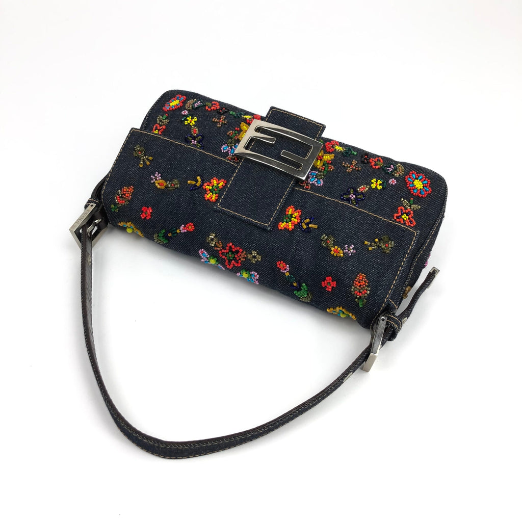 FENDI DENIM FLORAL BEADED BAGUETTE BAG