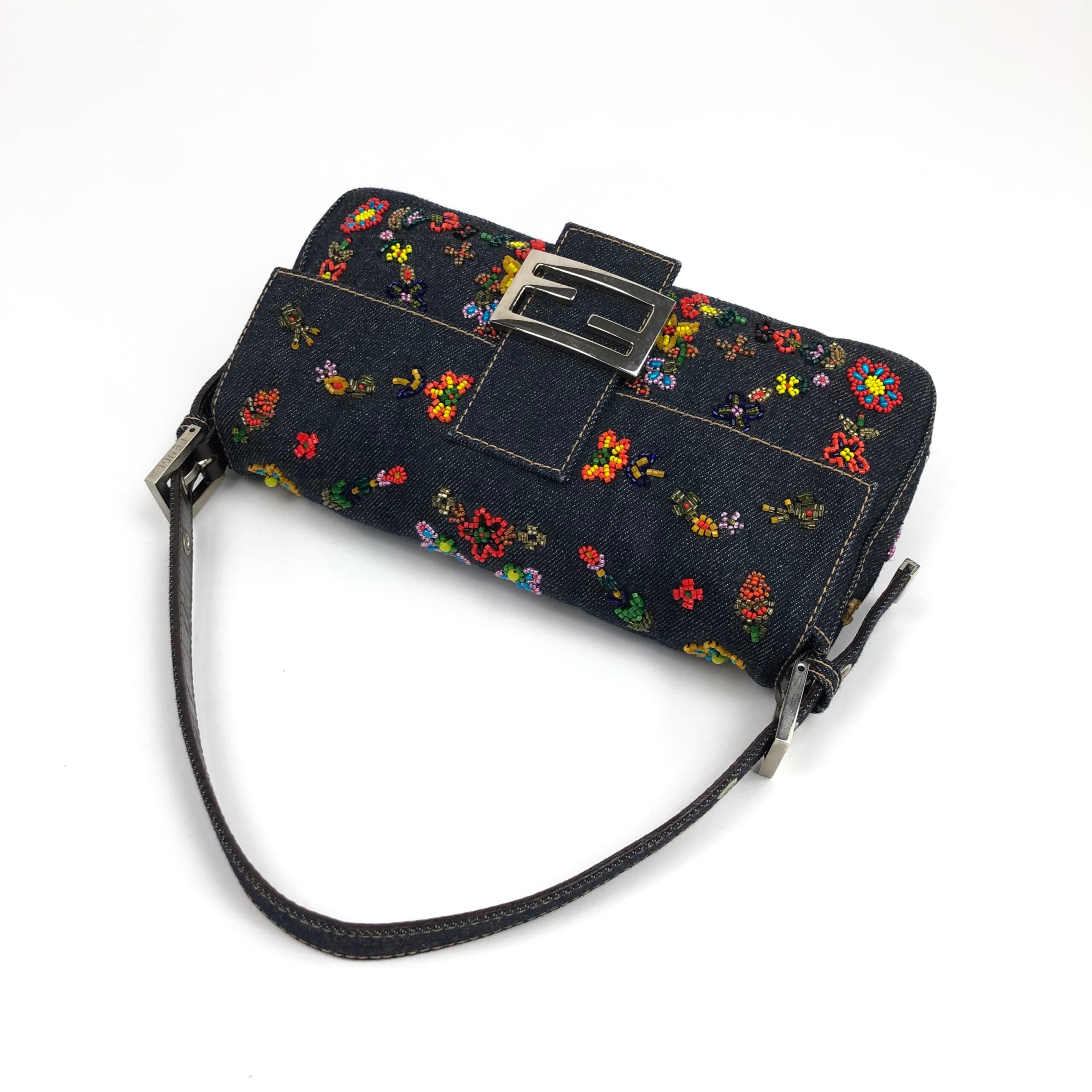 FENDI DENIM FLORAL BEADED BAGUETTE BAG