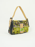 FENDI DENIM BEADED BAGUETTE WITH LIZARD TRIM