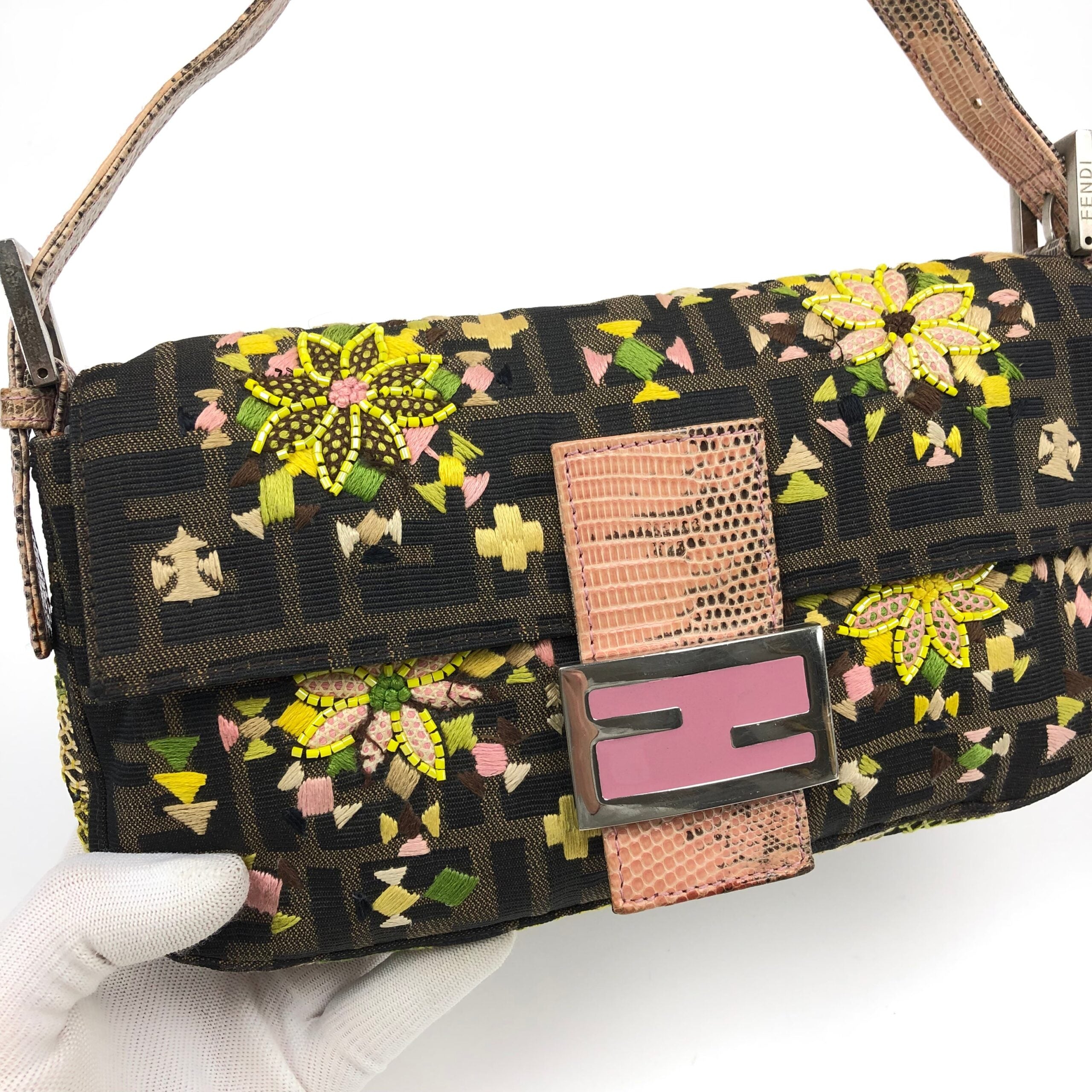 FENDI ZUCCA BEADED BAGUETTE BAG WITH EXOTIC LIZARD DETAILING