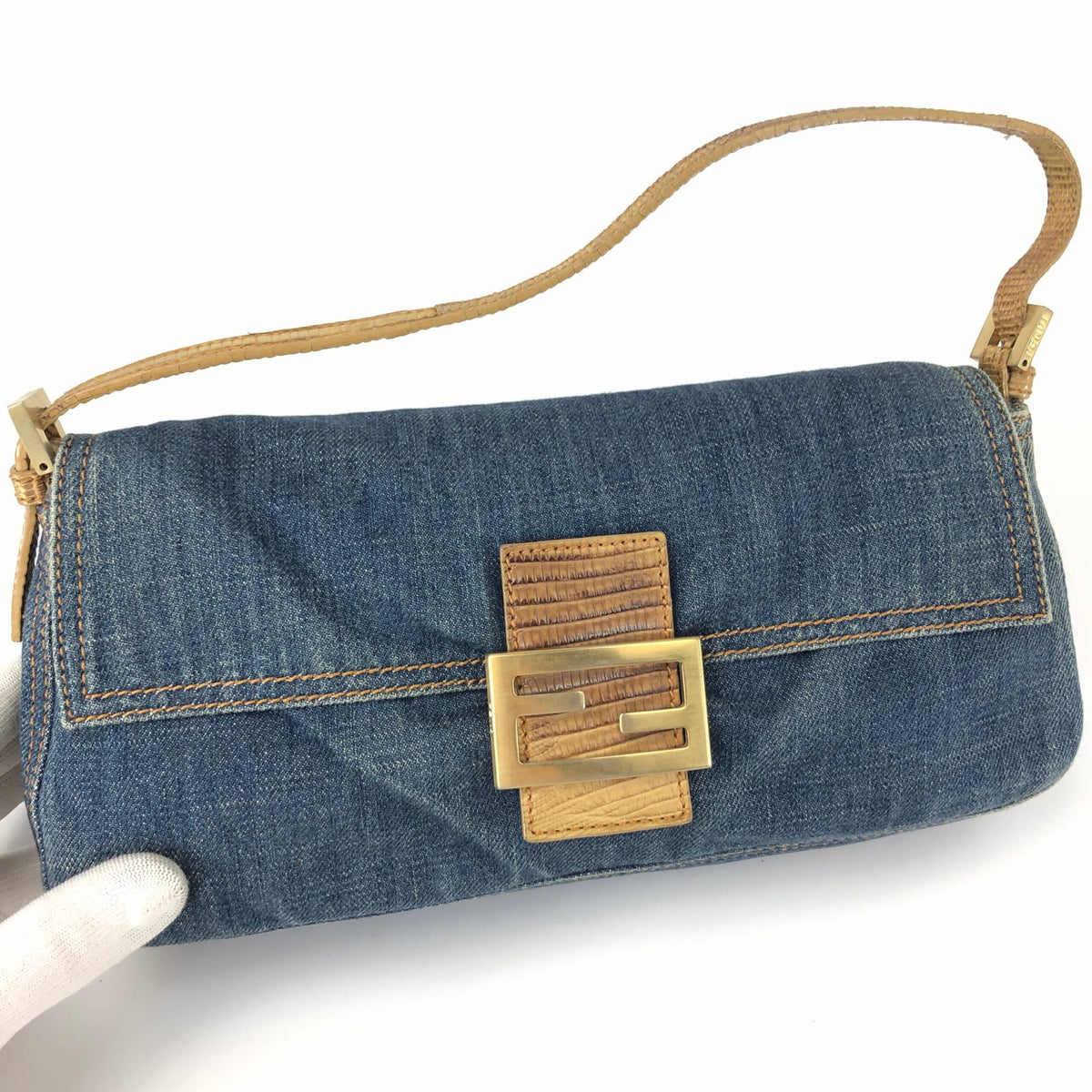 FENDI DENIM BAGUETTE BAG WITH LIZARD DETAILING