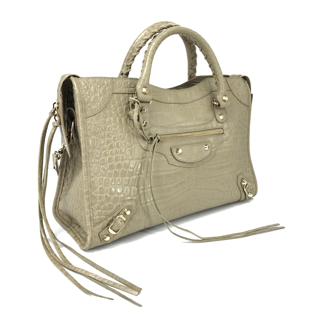 BALENCIAGA CROCODILE EMBOSSED LEATHER CITY BAG