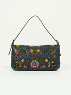 FENDI DENIM FLORAL BEADED BAGUETTE