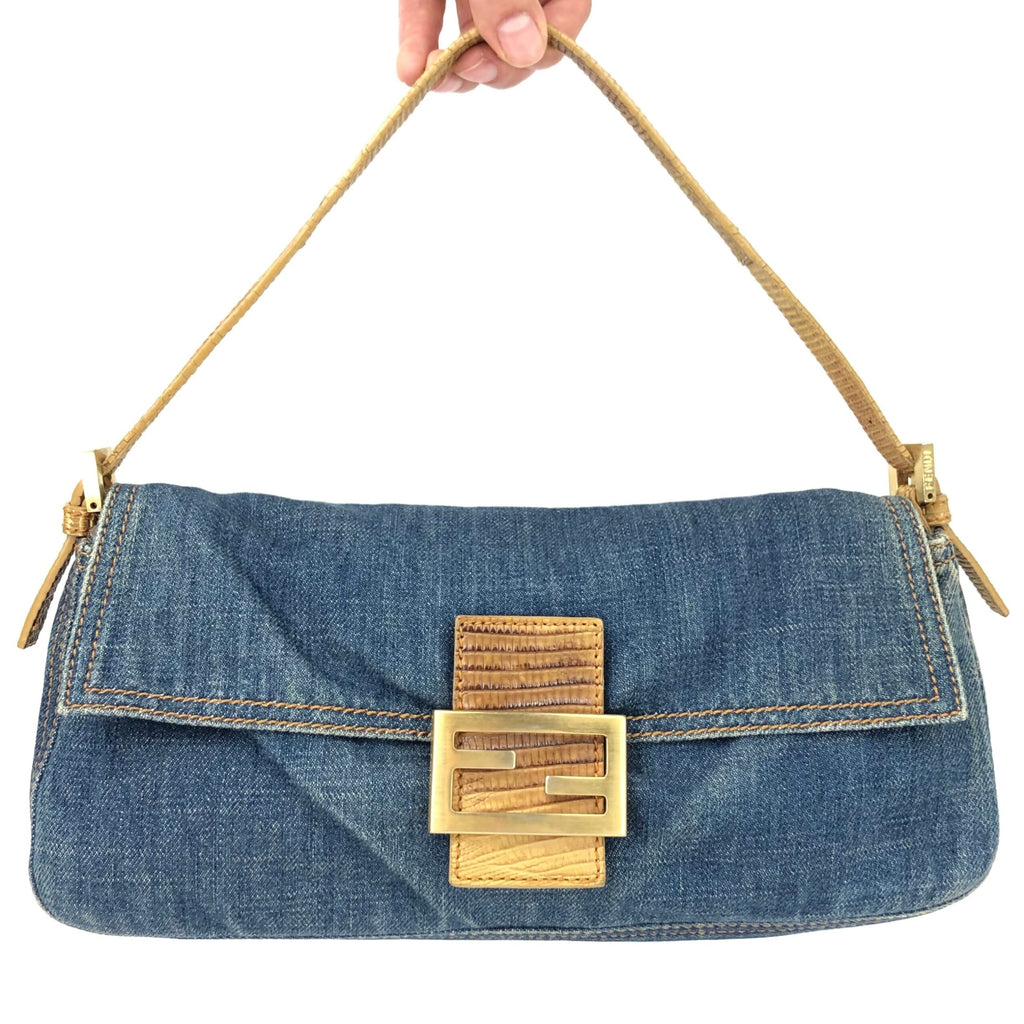 FENDI DENIM BAGUETTE BAG WITH LIZARD DETAILING