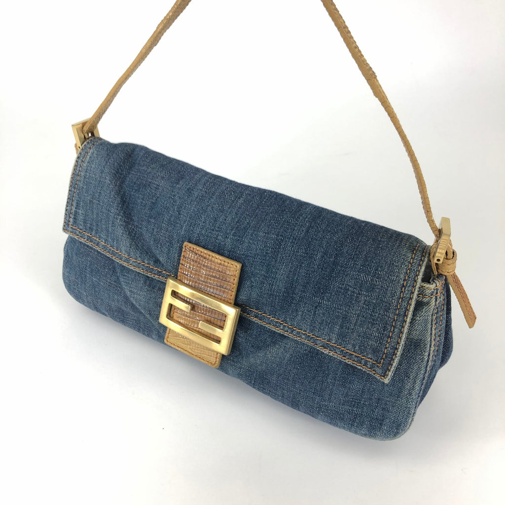 FENDI DENIM BAGUETTE BAG WITH LIZARD DETAILING