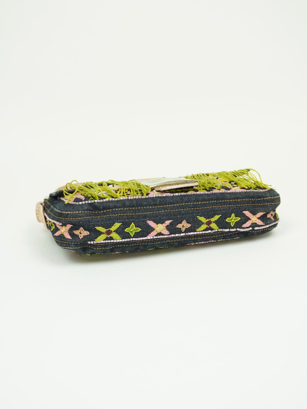 FENDI DENIM BEADED BAGUETTE WITH LIZARD TRIM